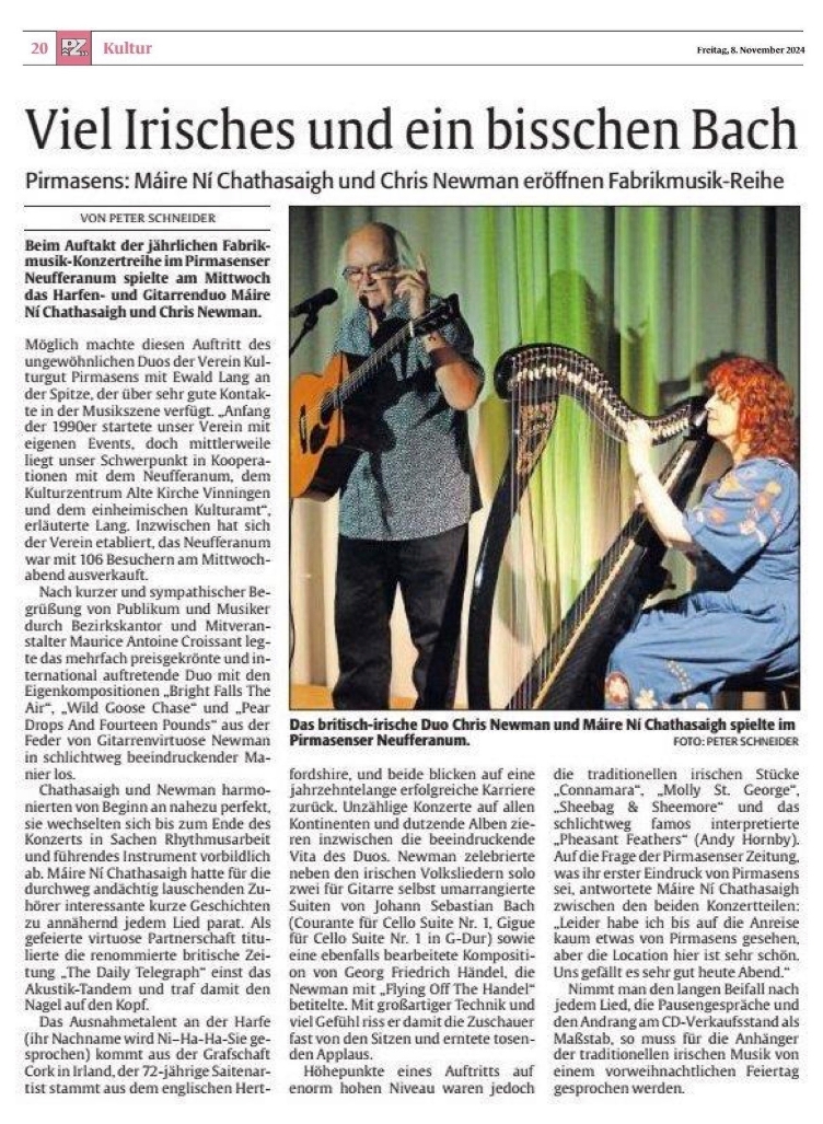 Rheinpfalz-Artikel, 08.11.2024 re Máire Ní Chathasaigh & Chris Newman concert Pirmasens 06.11.2024 cropped passthrough